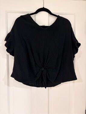 FAVLUX Black V-Neck Short Sleeve Tie-Front Tunic